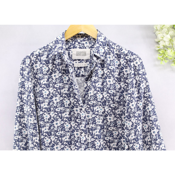 Grayson Women's The Hero Floral Button-Down Shirt White Blue Long Sleeve Sz 2 - Picture 3 of 10
